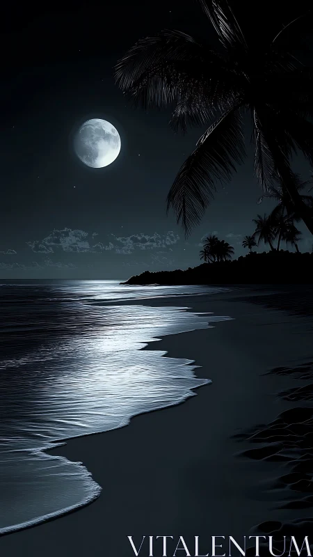 Moonlit tide whispers beneath shadowed palm silhouettes.