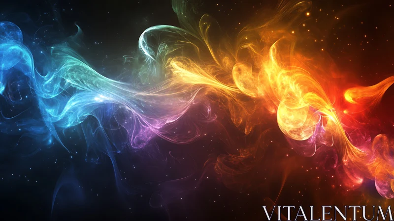 Multicolor abstract nebula streams on dark cosmic background.