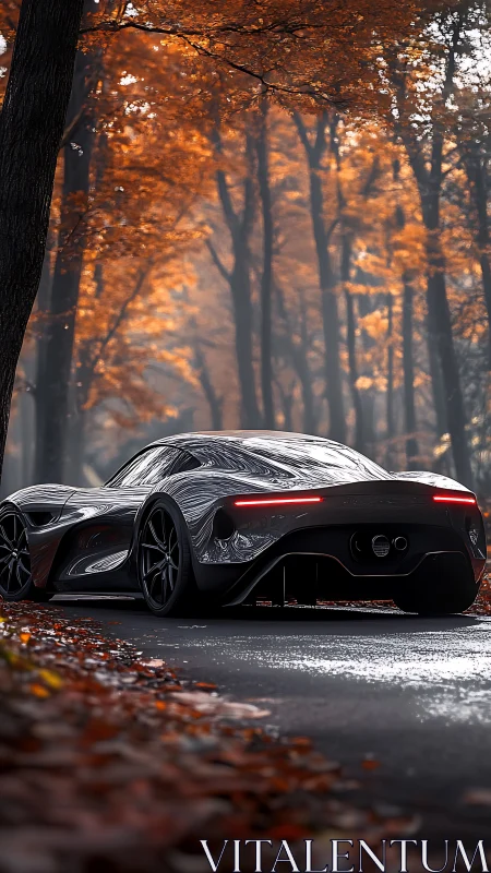 Futuristic graphite hypercar beneath misty autumn canopy.