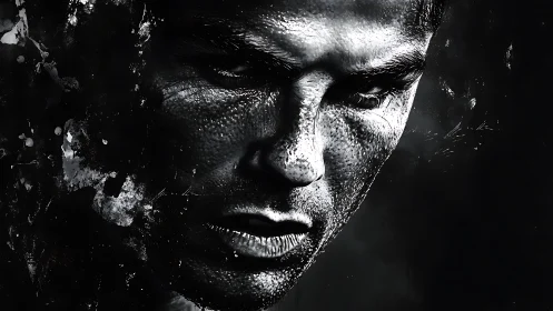 Male face rendered in high contrast monochrome close up