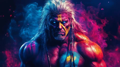 Neon-lit warrior portrait renders hyperreal tribal intensity