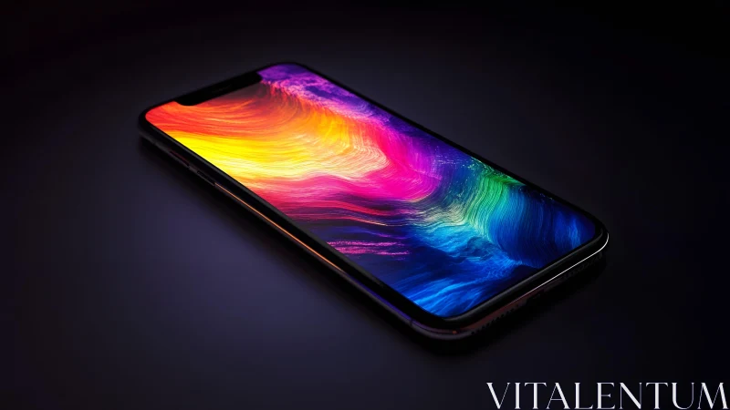 Modern smartphone with vibrant abstract display on dark background.