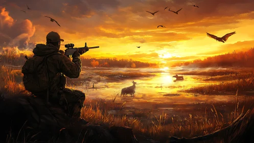 Sunset hunter steadies breath as golden wetlands ignite