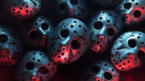 Clustered slasher goalie masks in dramatic red blue lighting