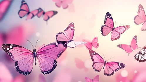 Pink butterflies in soft pastel flight over blurred glow.