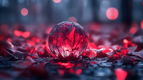 Glass orb glows among red leaves on blurred forest floor