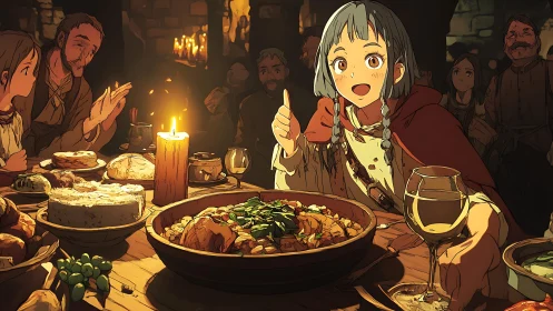 Anime feast scene captures warm candlelit communal celebration