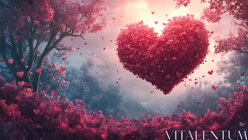 Massive Heart-Shaped Cloud of Rose Petals Floating Through Enchanted Forest.