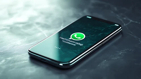 Smartphone on marble surface displaying chat app screen.