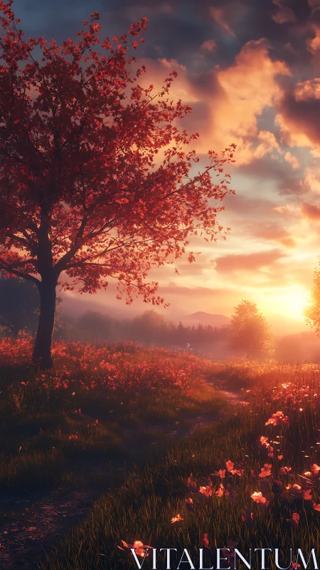 Sunset-soaked meadow path under a blushing ember tree.