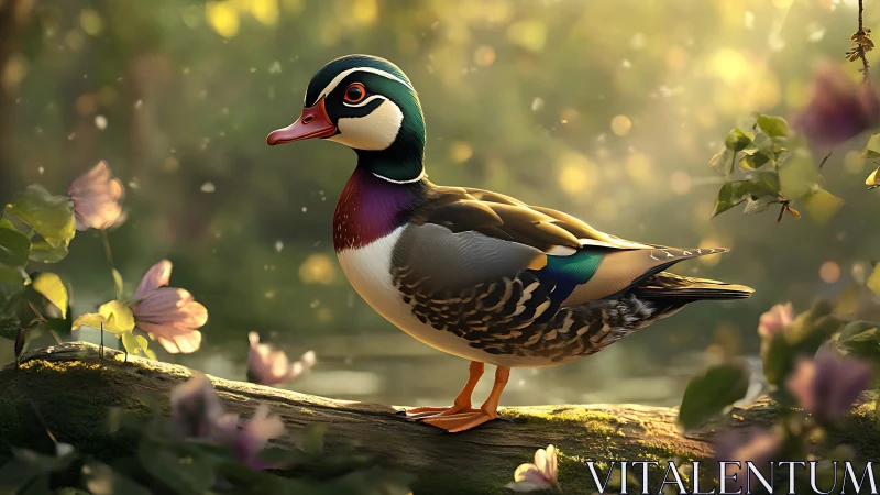 Wood duck daydreams on a mossy log in golden light