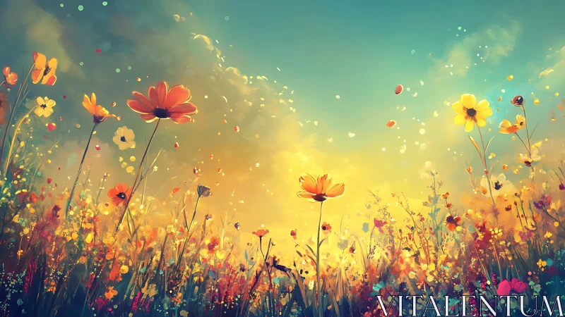 Vibrant Wildflower Field with Warm Golden Lighting.