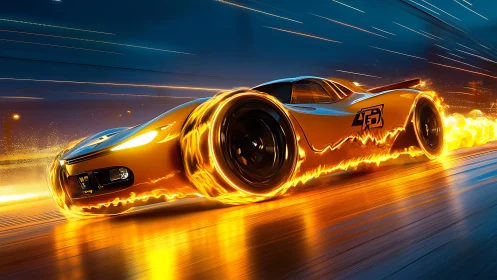Blazing night racer streaking through neon city streets.