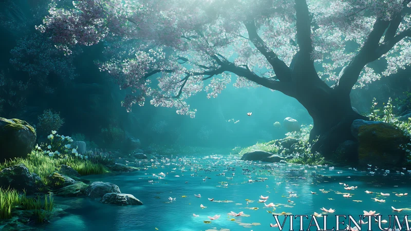 Moonlit blossoms drift like whispered wishes along the river