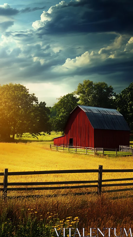 Golden farm sunset wraps a quiet red barn in gentle light
