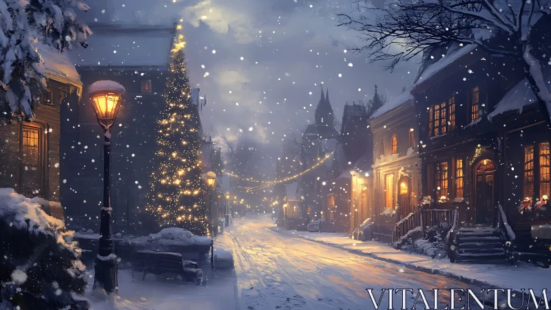Digital painting of a lantern-lit snow covered winter street.