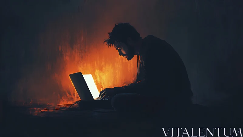 Midnight coder bends firelight from a glowing laptop screen