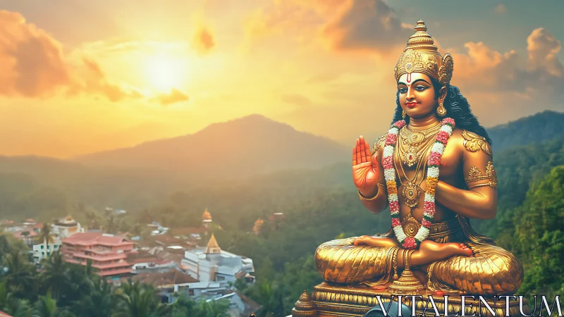Golden Hindu deity statue overlooks misty hillside town.