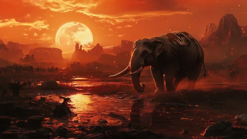 Elephant in red-toned wetland under full moon at dusk.