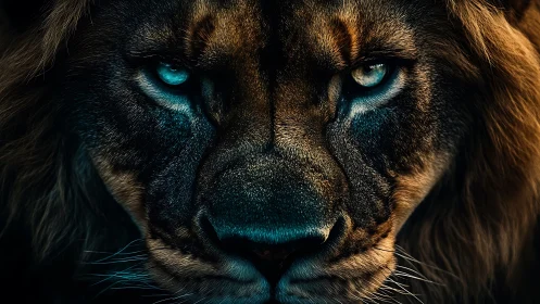 Cinematic low key close up portrait of lion with teal lighting