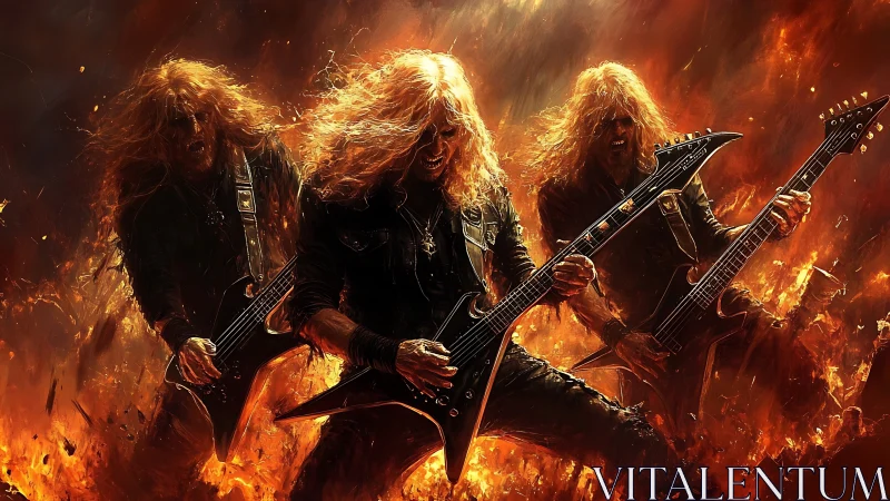 Metal guitarists shred amid roaring inferno and sparks.