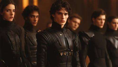 Group in black tactical suits in controlled interior setting.