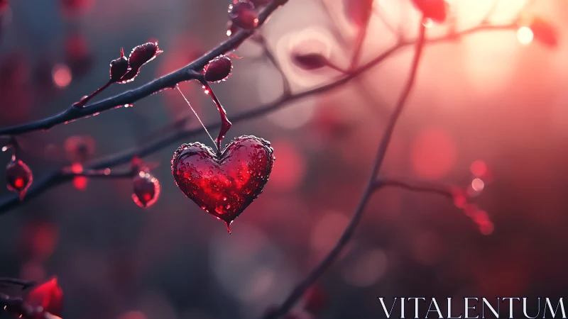 Crystalline Heart Suspended Among Frost-Laden Branches in Twilight