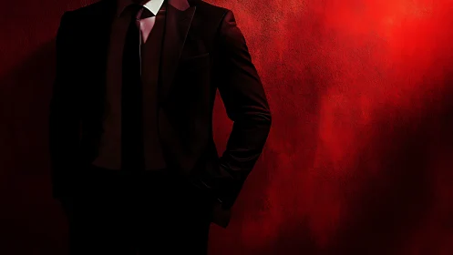 Boldly suited figure leans into dramatic red shadowed light
