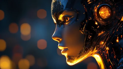 Side profile of humanoid cybernetic head with orange circuits.