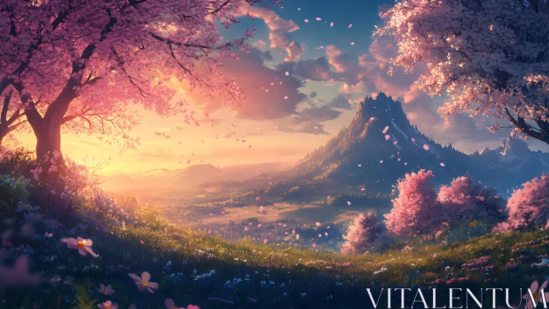 Blossom-lit valley beneath a dream-forged twilight peak.