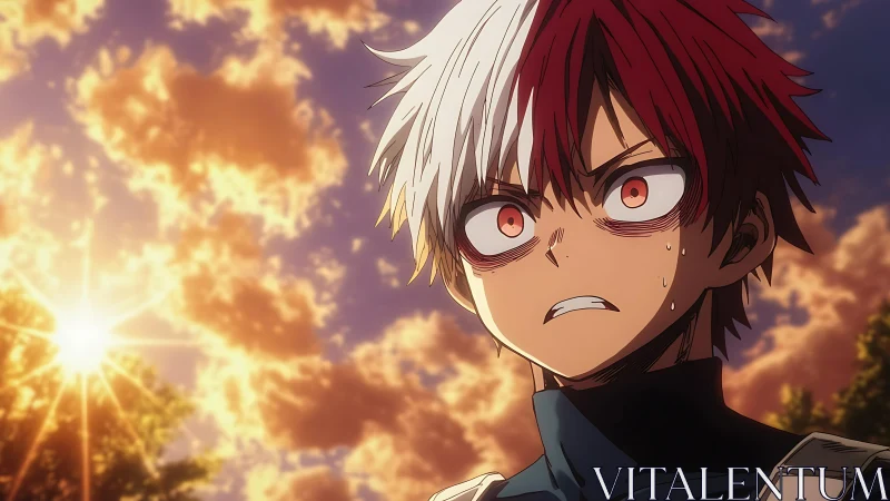 Intense anime boy under blazing sunset sky.