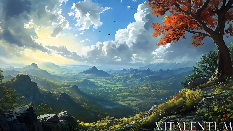 Vast mountain valley landscape stretches under bright sky