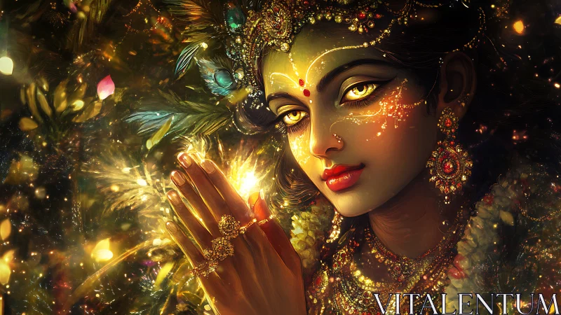 Golden-eyed celestial muse in jeweled sacred radiance.