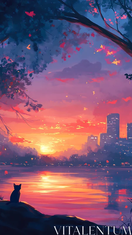 Vibrant sunset cityscape reflected on lake with silhouetted cat