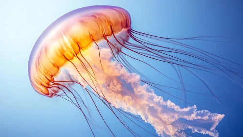 Translucent jellyfish glows in luminous cyan marine field.