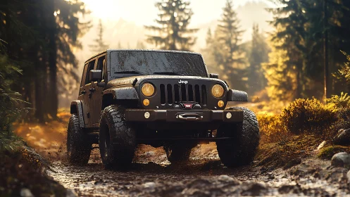 Mud-splattered trail hero muscles through a glowing forest run