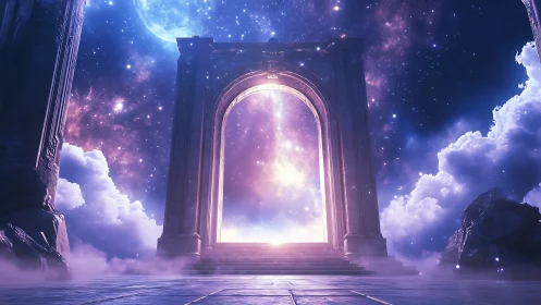 Starlit celestial gateway opens between clouds and void
