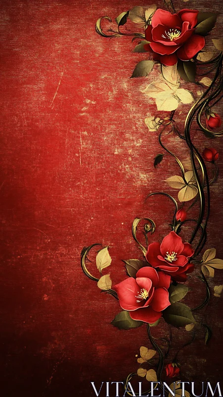Crimson Blooms Dance Along Ornate Vintage Borders