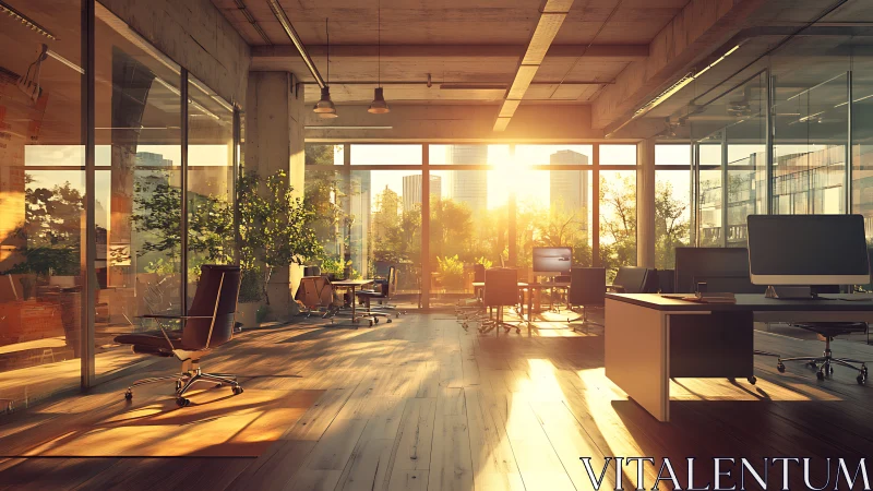 Golden morning light welcomes a calm, plant filled open office