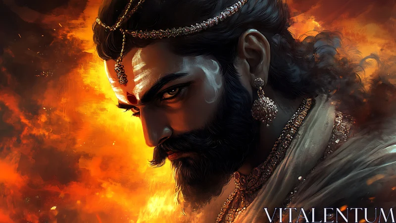 Digital painting portrait with fiery mythic warrior aura.