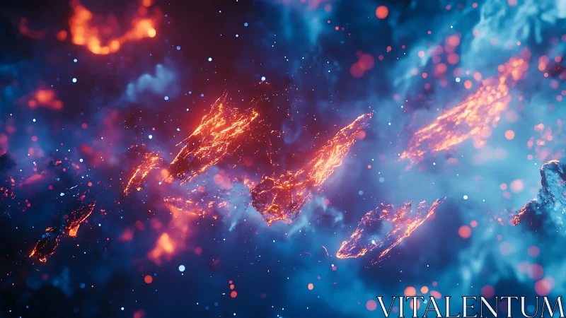 Molten asteroid shards drift through icy cosmic nebula.