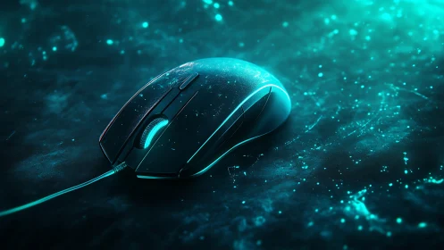 Wired optical mouse on illuminated abstract teal surface.