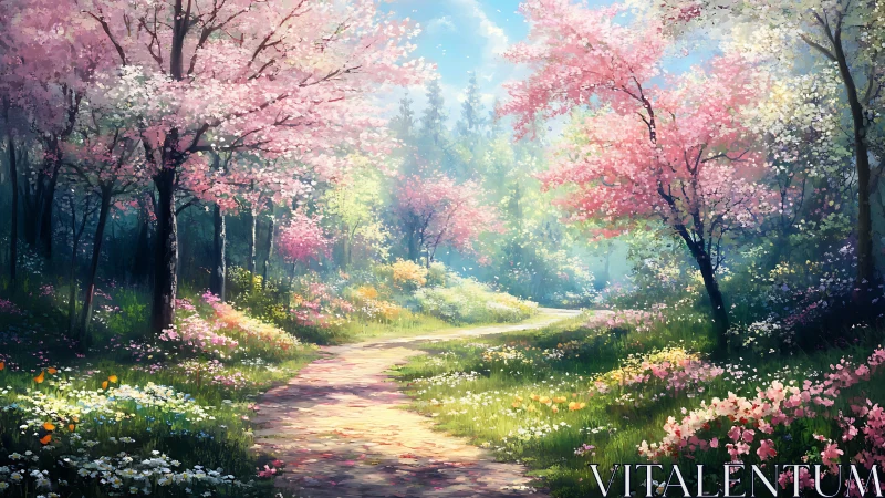 Blossoming Spring Pathway Through Enchanted Flowering Forest