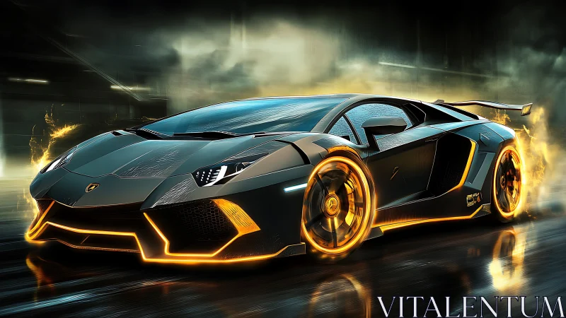 Cyberpunk hypercar with neon trim in dynamic motion rendering.