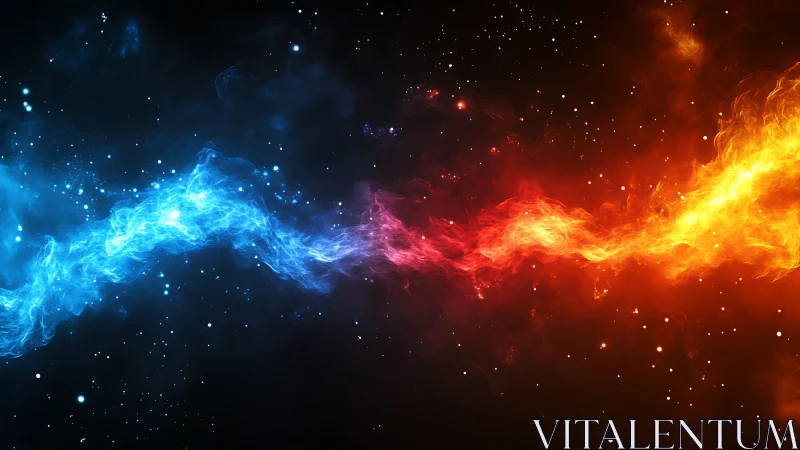 Cosmic blue and orange energy streams collide in space.