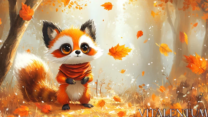 Anthropomorphic red panda in luminous autumn forest clearing