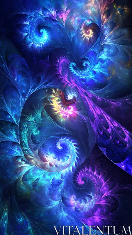 Vibrant cosmic fractal spirals twist through luminous nebulae