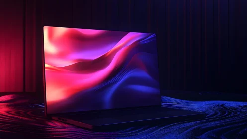 Sleek modern laptop with vibrant abstract screen in neon lighting.
