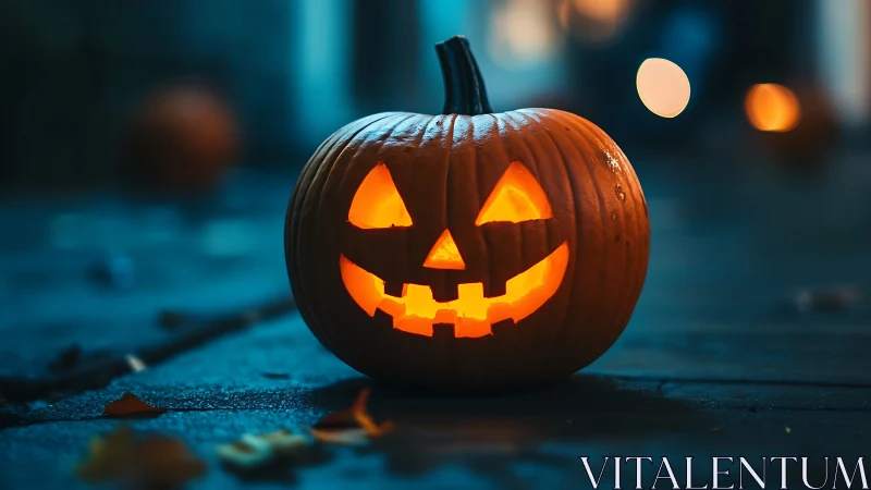 Glowing jack o lantern rests on wet pavement at night