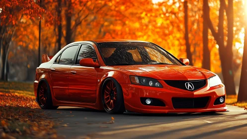 Lowered red Acura sedan parked on autumn tree-lined road.